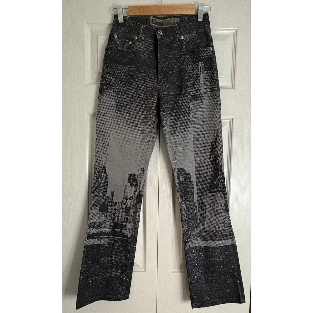 Y2K Vintage 90s‎ Rare CREST Jeans Gray City Artist Skyline Flare Women Sz 1/2